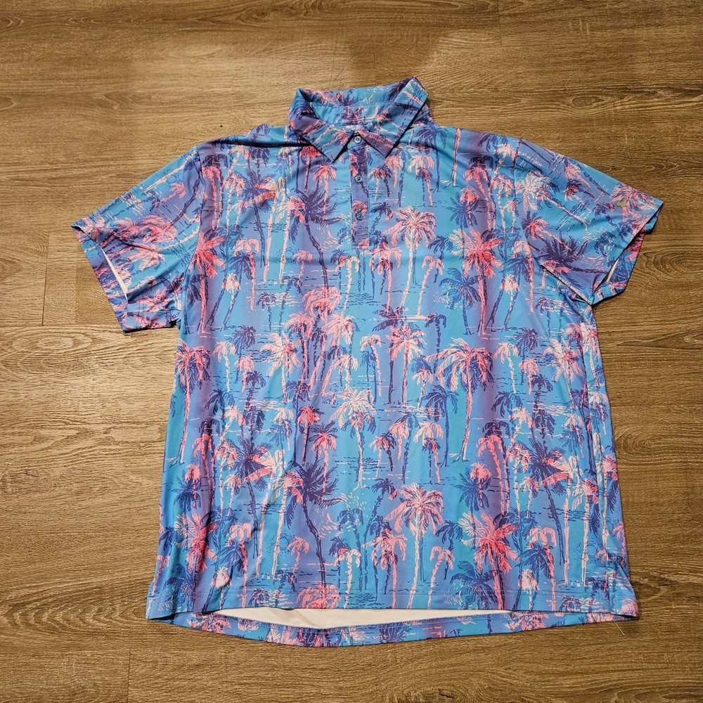 Birdie Bound Golf Polo Men's 2XL Blue Pink Palm Tree Tropical Performance Shirt